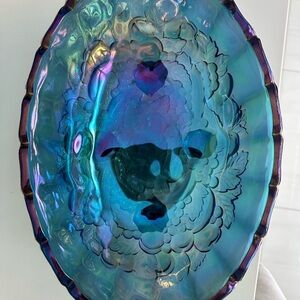 VINTAGE Indiana Iridescent Carnival Glass Blue Harvest Grape Oval Footed Bowl